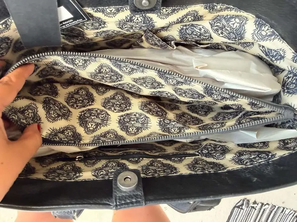 Ed Hardy Studded Tote Shoulder Bag with Chain Charm Gothic Logo Black